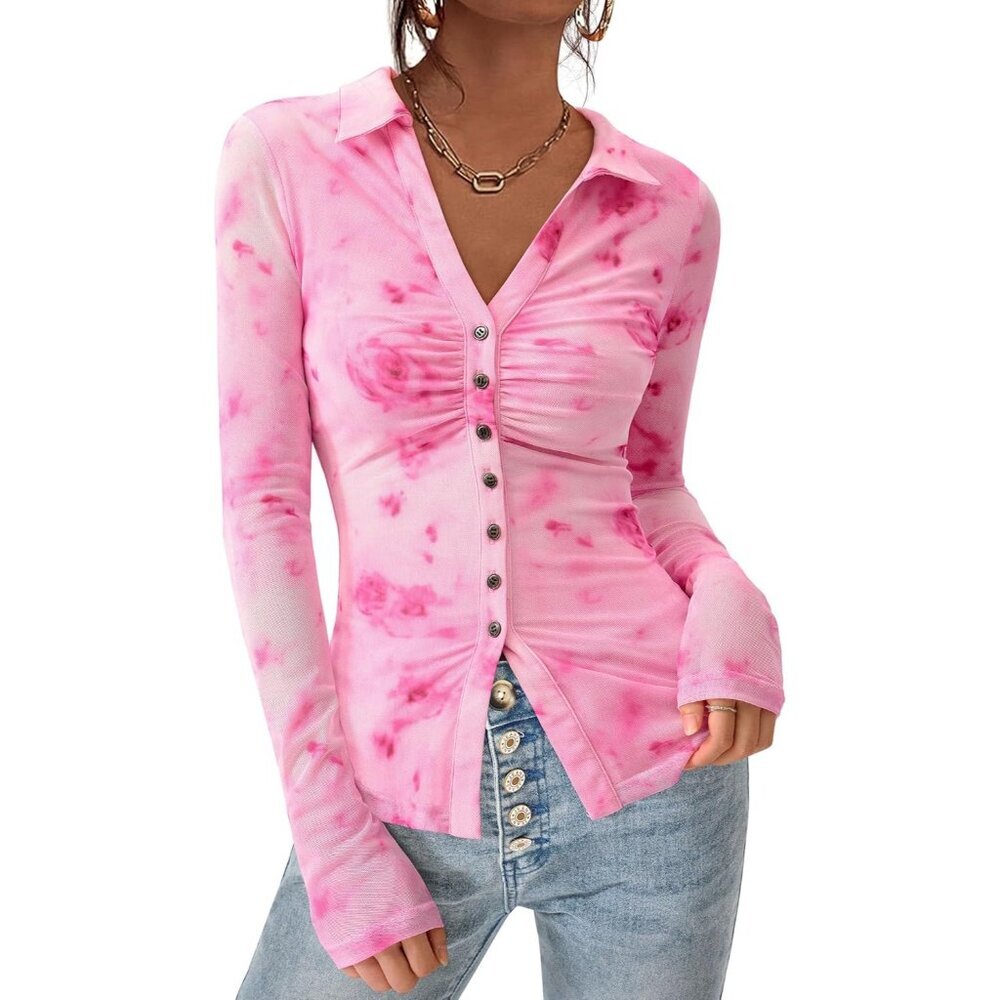 Women Pink Button Down Floral Shirts Trendy Long Sleeve V Neck Blouse Tops